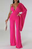 Rose Red Sexy Solid Patchwork Backless Fold V Neck Regular Jumpsuits
