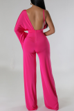 Rose Red Sexy Solid Patchwork Backless Fold V Neck Regular Jumpsuits