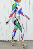 Colour Casual Print Patchwork Hooded Collar Skinny Jumpsuits