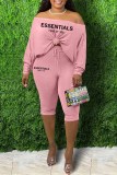 Red Sexy Print Letter Oblique Collar Long Sleeve Two Pieces