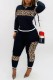 Black Casual Print Leopard Patchwork O Neck Long Sleeve Two Pieces