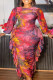 Red Elegant Print Hollowed Out Patchwork Stringy Selvedge O Neck One Step Skirt Dresses