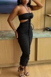 Black Sexy Solid Patchwork Backless Halter Strapless Dress Dresses