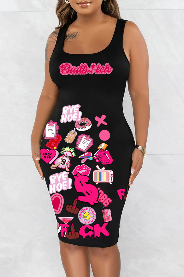 Black Casual Print Basic U Neck Vest Dress Dresses