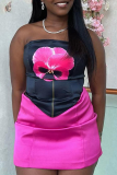 Black Street Floral Patchwork Backless Contrast Strapless Tops