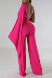 Rose Red Sexy Solid Patchwork Backless Fold V Neck Regular Jumpsuits