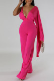 Rose Red Sexy Solid Patchwork Backless Fold V Neck Regular Jumpsuits