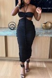 Black Sexy Solid Patchwork Backless Halter Strapless Dress Dresses