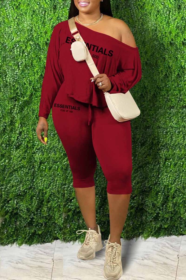 Burgundy Sexy Print Letter Oblique Collar Long Sleeve Two Pieces