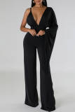 Rose Red Sexy Solid Patchwork Backless Fold V Neck Regular Jumpsuits