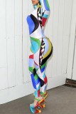 Colour Casual Print Patchwork Hooded Collar Skinny Jumpsuits