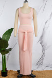 Pink Casual Solid Patchwork Knotted U Neck Sleeveless Two Pieces