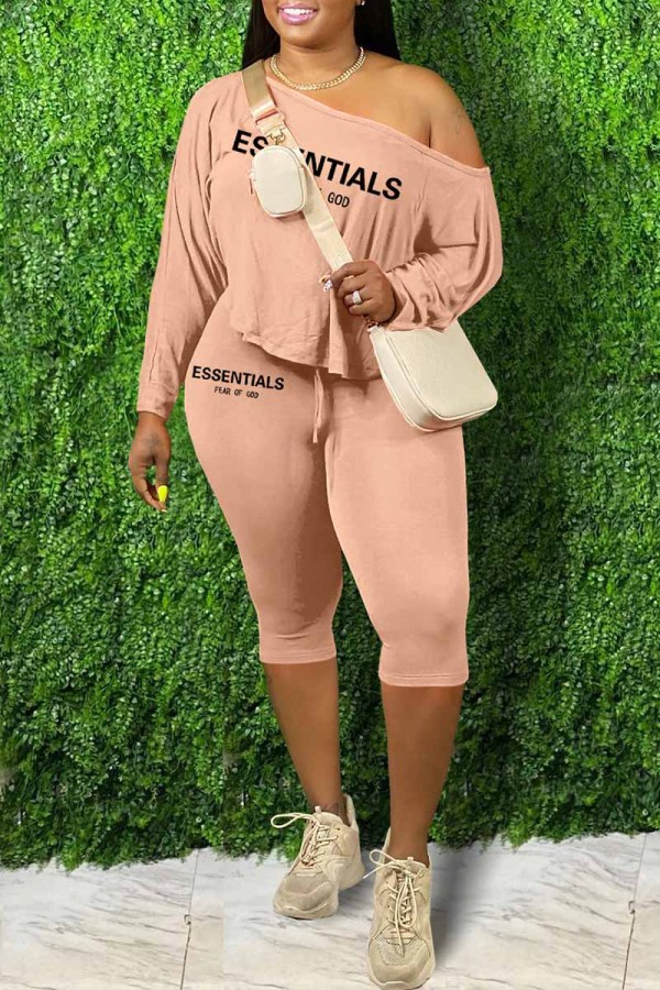 Khaki Sexy Print Letter Oblique Collar Long Sleeve Two Pieces