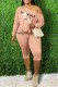 Khaki Sexy Print Letter Oblique Collar Long Sleeve Two Pieces
