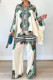 Green Elegant Print Patchwork Buckle Turndown Collar Long Sleeve Two Pieces