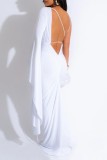 Red Sexy Casual Solid Frenulum Backless Asymmetrical V Neck Long Dress Dresses