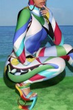 Colour Casual Print Patchwork Hooded Collar Skinny Jumpsuits