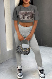 Dark Gray Street Print Patchwork Letter O Neck Short Sleeve Two Pieces
