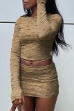 Khaki Sexy Solid Patchwork O Neck Long Sleeve Two Pieces