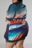 Navy Blue Casual Print Patchwork Zipper Collar Short Sleeve Dress