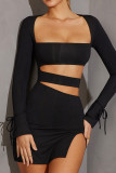 Black Sexy Street Solid Hollowed Out Patchwork Slit U Neck Sheath Dresses