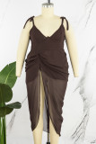 Orange Sexy Casual Solid Bandage Hollowed Out Backless Slit V Neck Sling Dress Dresses