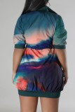 Navy Blue Casual Print Patchwork Zipper Collar Short Sleeve Dress