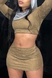 Khaki Sexy Solid Patchwork O Neck Long Sleeve Two Pieces