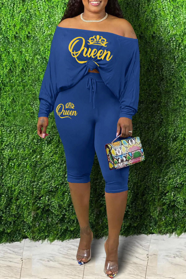 Blue Casual Print Basic Off the Shoulder Long Sleeve Two Pieces