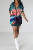 Navy Blue Casual Print Patchwork Zipper Collar Short Sleeve Dress