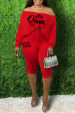 Red Casual Print Basic Off the Shoulder Long Sleeve Two Pieces