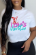White Casual Daily Print Letter O Neck T-Shirts