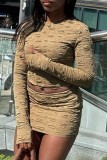 Khaki Sexy Solid Patchwork O Neck Long Sleeve Two Pieces