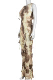 Black Street Tie Dye Tassel Patchwork Zipper O Neck Regular Jumpsuits