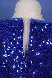 Royal Blue Sexy Elegant Solid Hollowed Out Sequins Patchwork Zipper O Neck Wrapped Skirt Plus Size Dresses