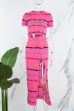 Rose Red Casual Striped Print Slit O Neck Short Sleeve Two Pieces
