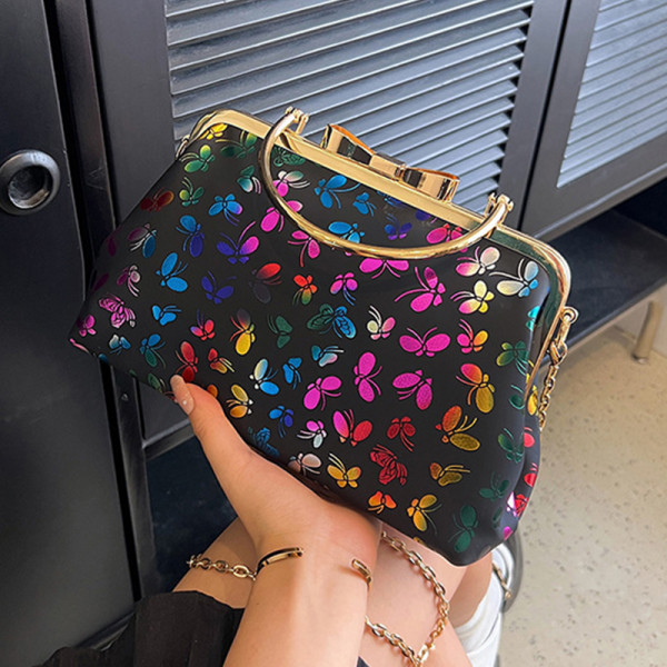 Black Casual Butterfly Print Patchwork Chains Bags
