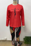 Red Casual Print Patchwork O Neck Long Sleeve Two Pieces