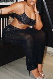 Black Sexy Hot Drilling See-through Backless Spaghetti Strap Sleeveless Two Pieces