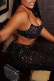 Black Sexy Hot Drilling See-through Backless Spaghetti Strap Sleeveless Two Pieces