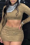 Khaki Sexy Solid Patchwork O Neck Long Sleeve Two Pieces