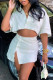 White Fashion Sexy Solid Slit Turndown Collar Short Sleeve Two Pieces