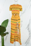 Lemon Yellow Casual Striped Print Slit O Neck Short Sleeve Two Pieces