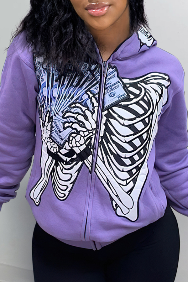 Purple Street Skull Head Pocket Letter Zipper Collar Tops
