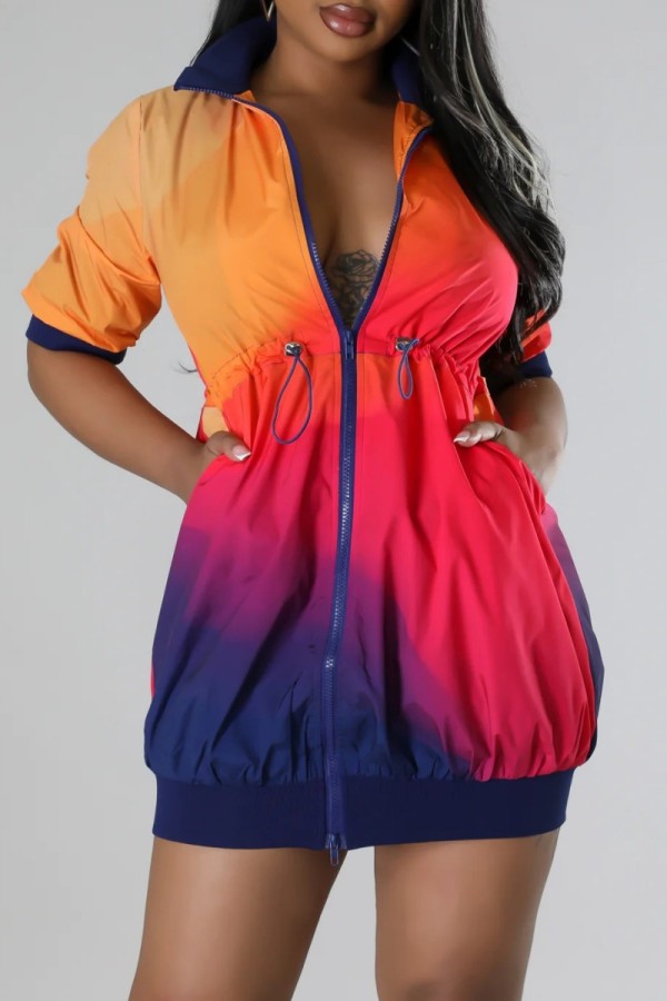 Tangerine Red Casual Print Patchwork Zipper Collar Short Sleeve Dress