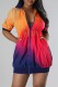 Tangerine Red Casual Print Patchwork Zipper Collar Short Sleeve Dress
