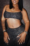 Black Sexy Hot Drilling See-through Backless Spaghetti Strap Sleeveless Two Pieces