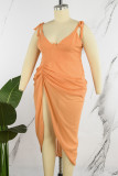 Orange Sexy Casual Solid Bandage Hollowed Out Backless Slit V Neck Sling Dress Dresses