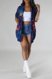 Navy Blue Casual Print Patchwork Zipper Collar Short Sleeve Dress