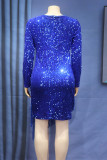 Royal Blue Sexy Elegant Solid Hollowed Out Sequins Patchwork Zipper O Neck Wrapped Skirt Plus Size Dresses